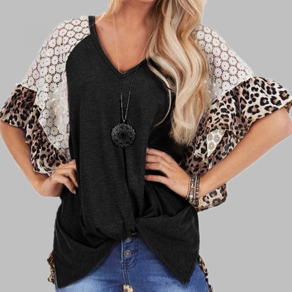 Leopard Patchwork T-shirt Women Loose V-neck Tops Tee Batwing Sleeve Top Women Summer Short Sleeve