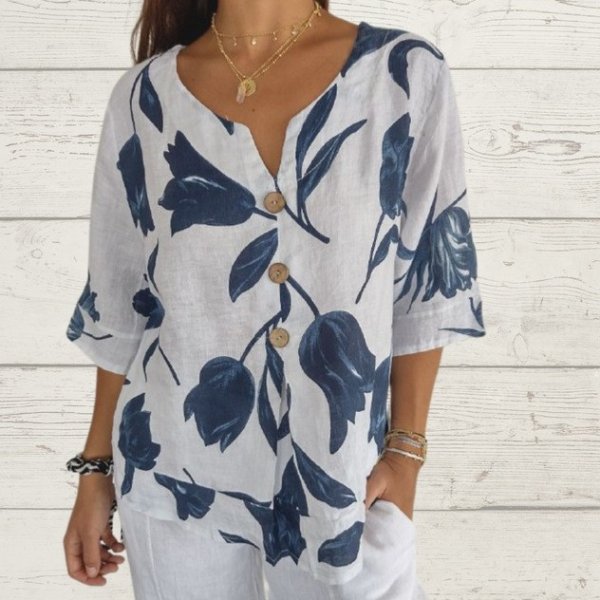 Pattern Print Cotton And Linen V-neck Short Sleeve Pullover Shirt