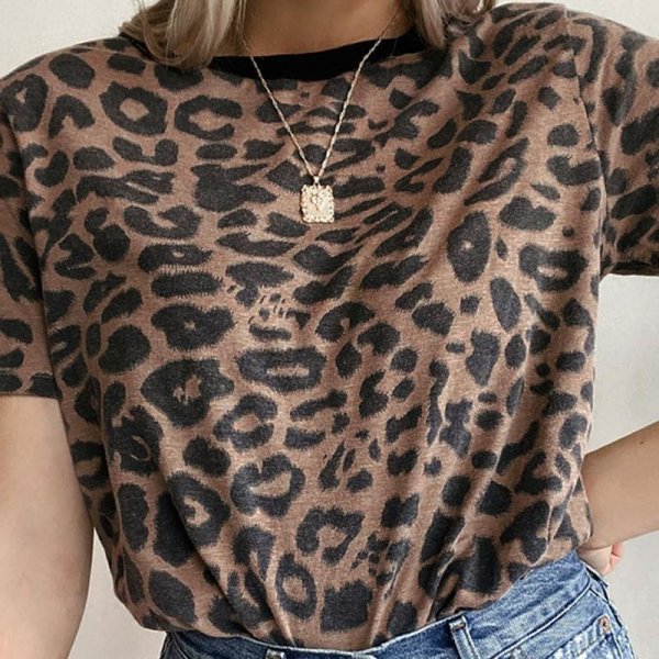 AliExpress Easy Summer New Leopard Printed Round Neck Loose Casual Ladies Short Sleeve Top